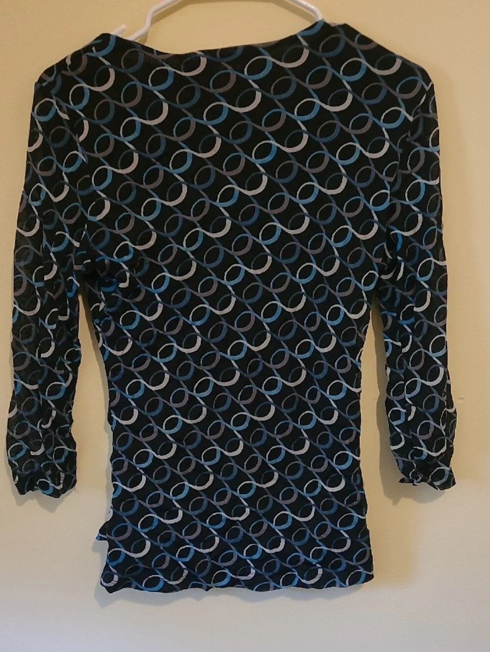 Worthington Black Long-Sleeve Wrap Top with Blue & Gray Ring Print